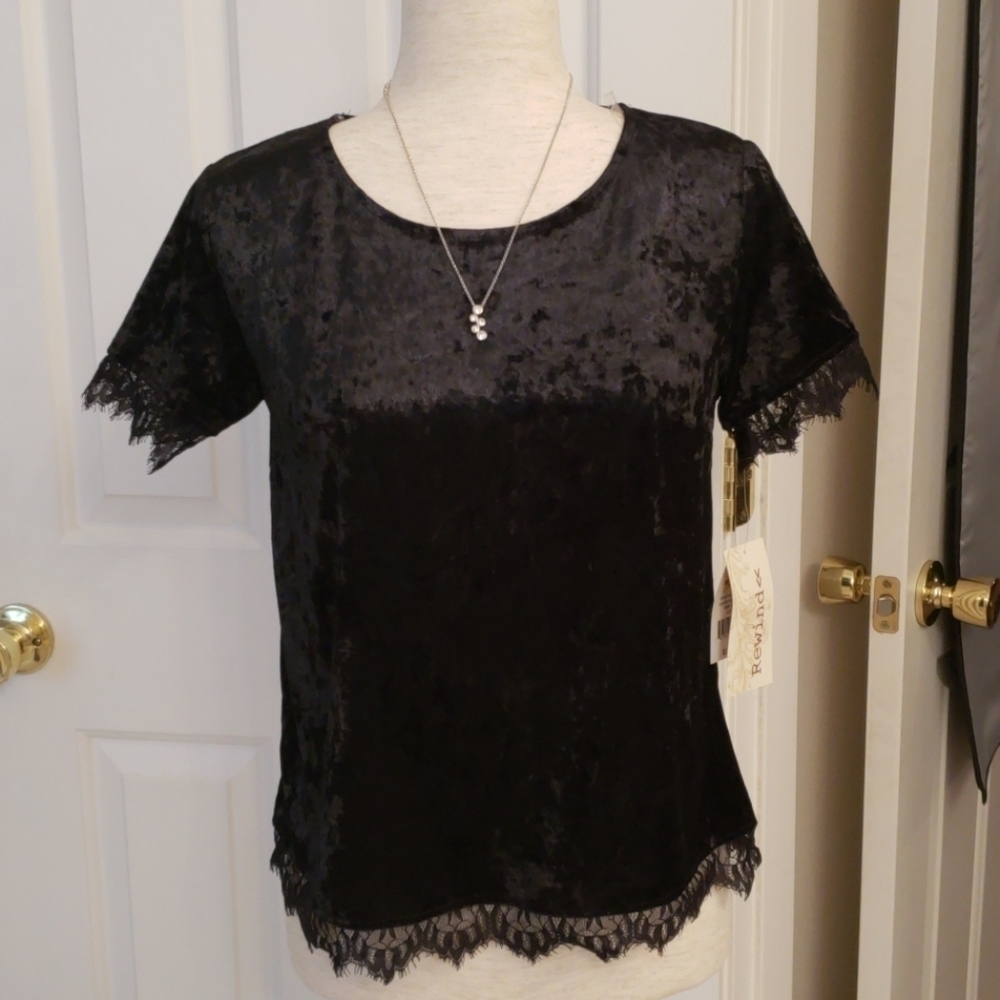 REWIND Black Velvet Top with Lace Trim NWT